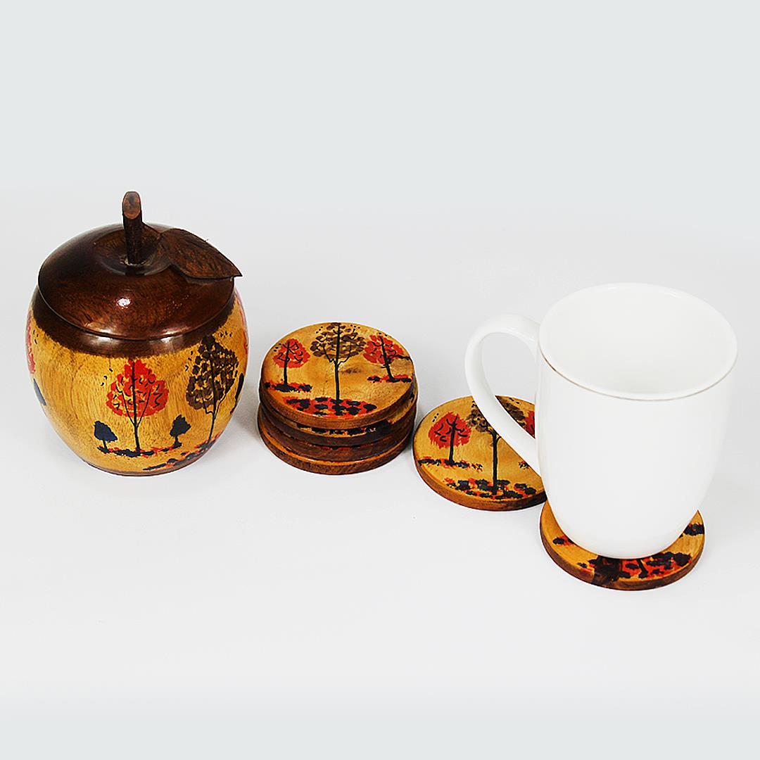 Chenille Wooden Sugar Pot and Coaster Set