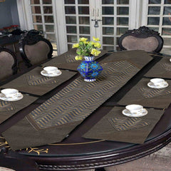 Clove 7 Pcs Embroidered Table Runner Set Gold Brown