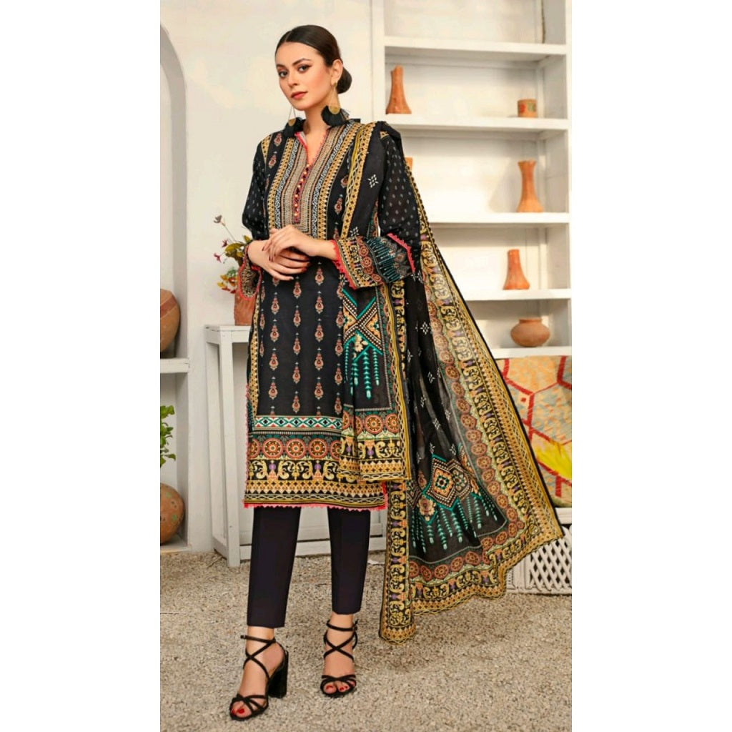 Crescent 3 Pcs Unstitched Lawn Suit Black