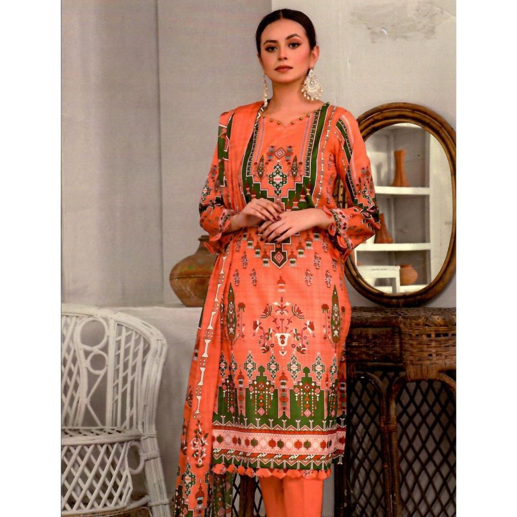 Crescent 3 Pcs Unstitched Lawn Suit Orange