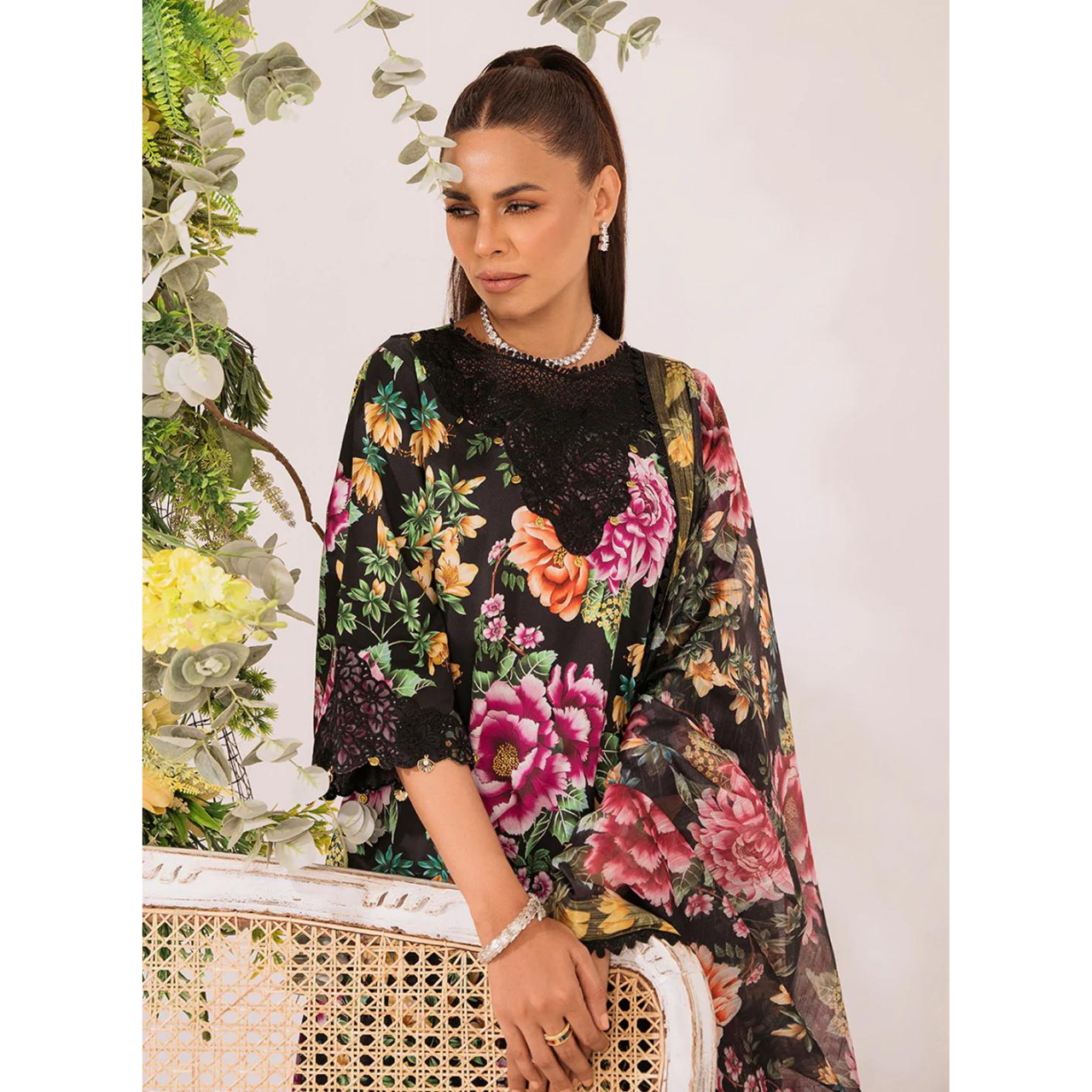 Dahlia 3 Pcs Embroidered  Unstitched Suit Black