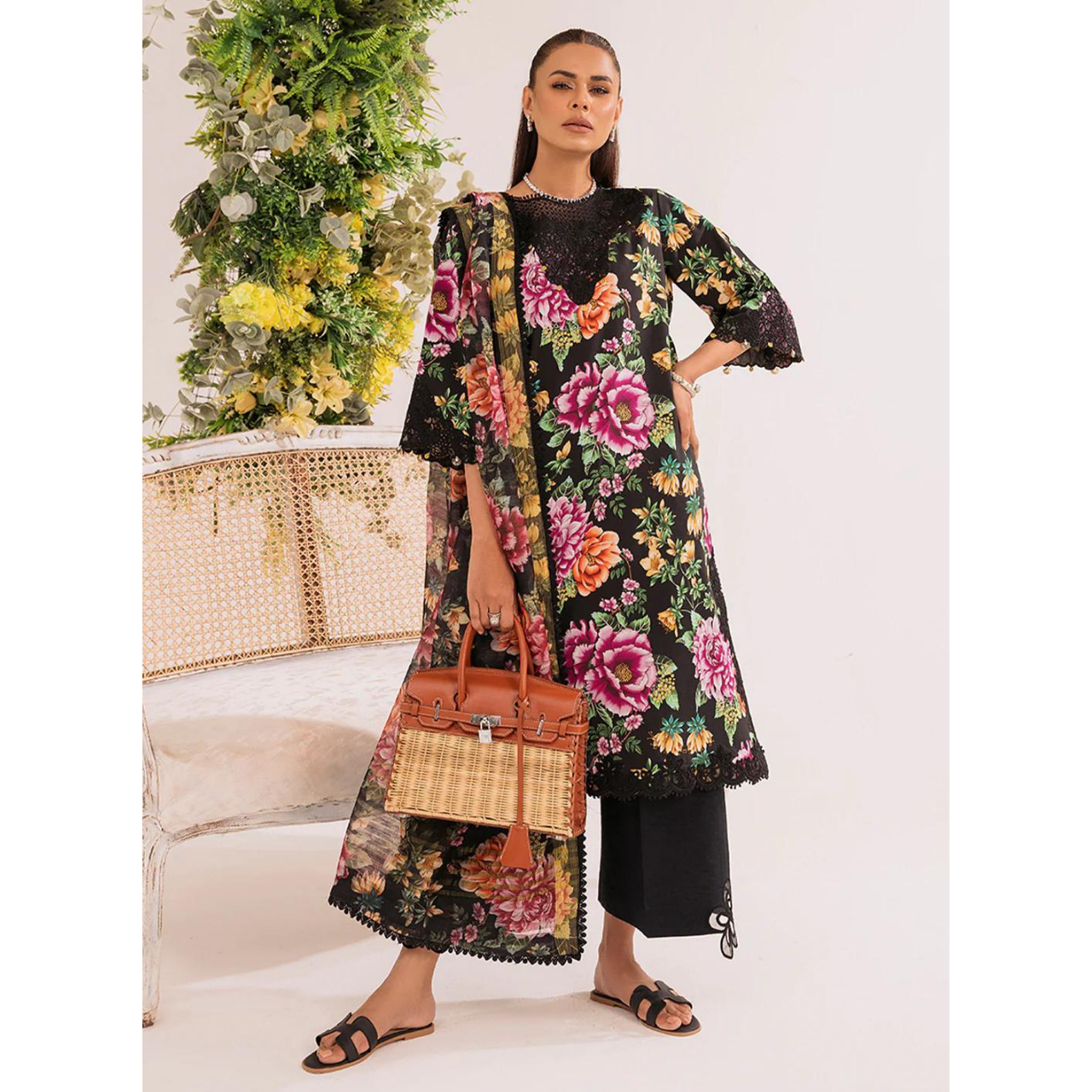 Dahlia 3 Pcs Embroidered  Unstitched Suit Black