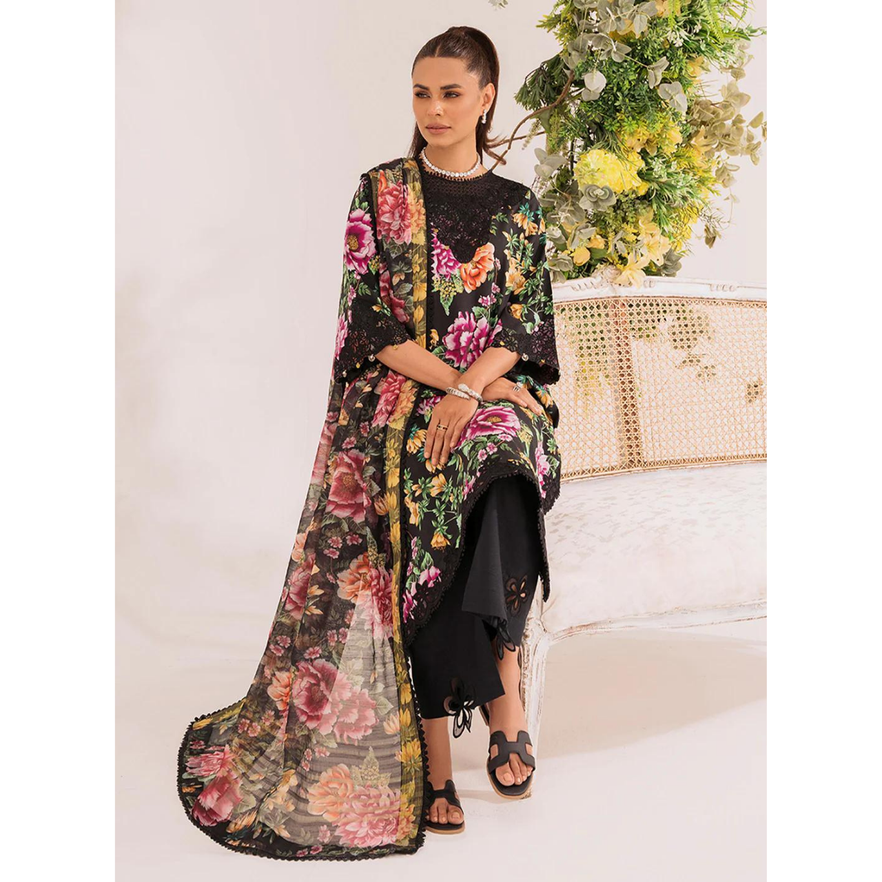 Dahlia 3 Pcs Embroidered  Unstitched Suit Black