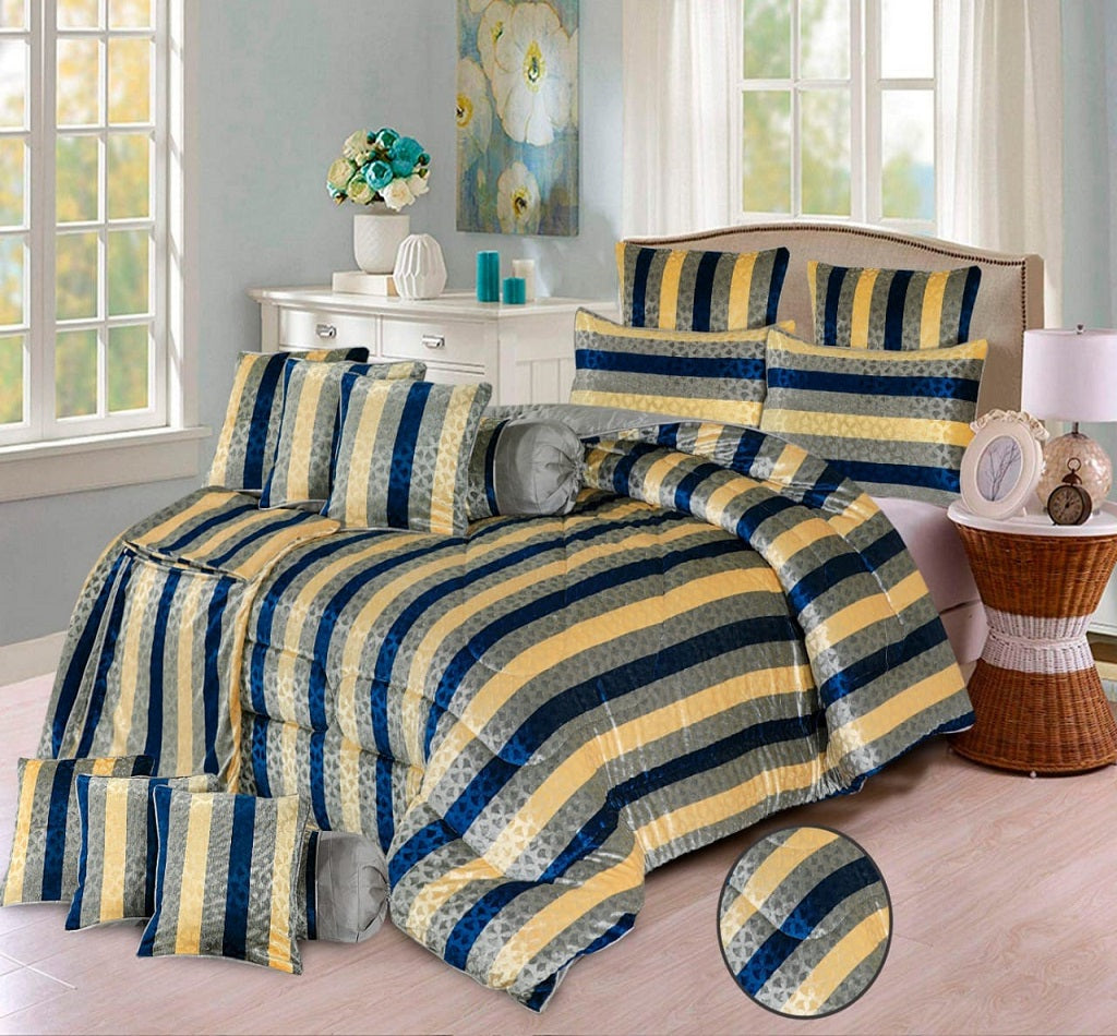 Damask 14 Pcs Palachi Velvet Blue Bed Set (Filled Comforter)