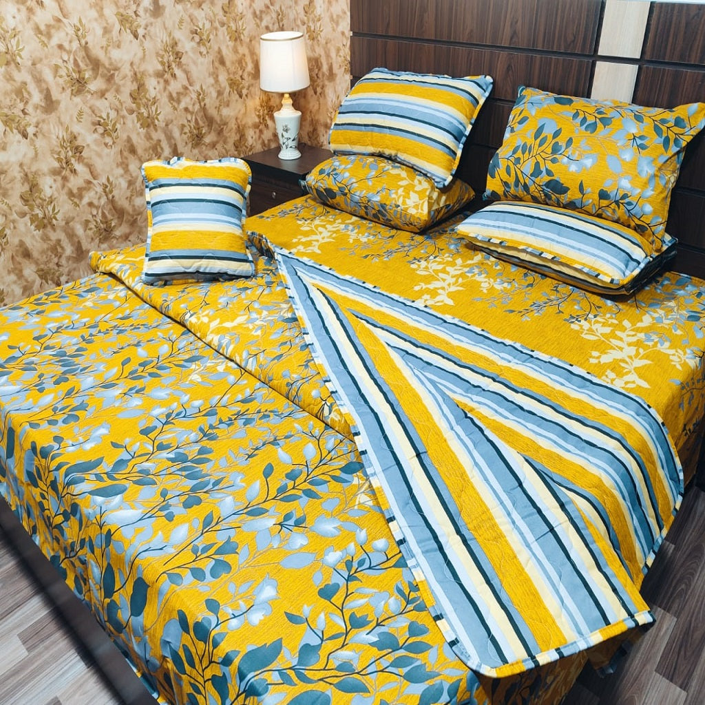 Demure 7 Pcs Yellow Bed Sheet Set With Filled Comforter