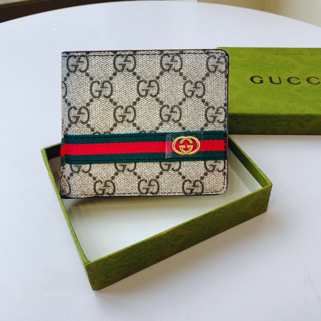 Designer Gucci Leather Bifold Men Wallet Striped Green