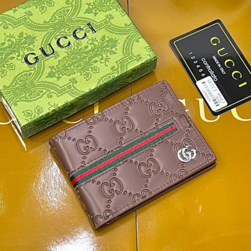 Designer Gucci Leather Men Wallet Striped Brown ( Made in Italy)