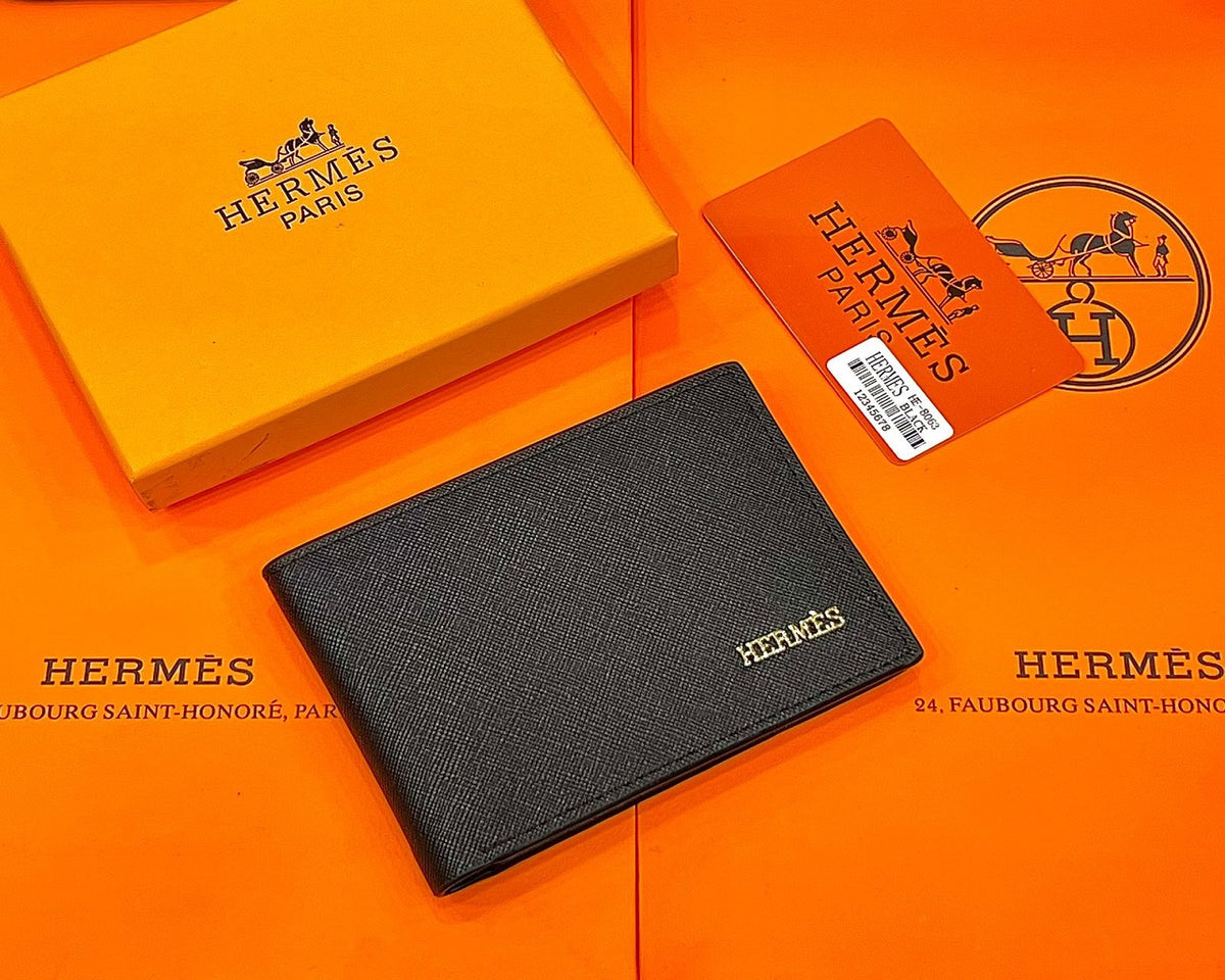 Designer Hermes Leather Bifold Men Wallet Black