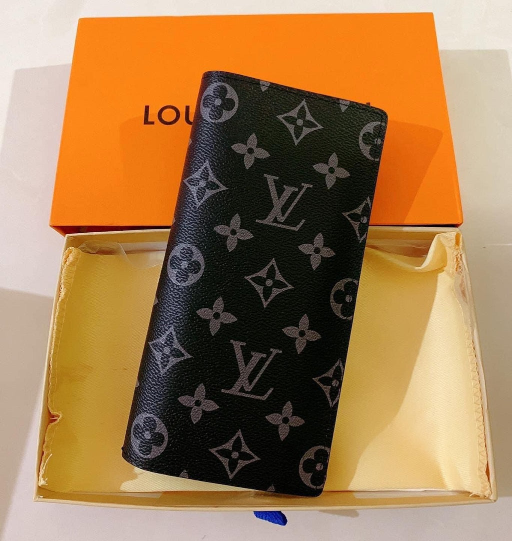 Designer LV Leather Men Long Wallet Black