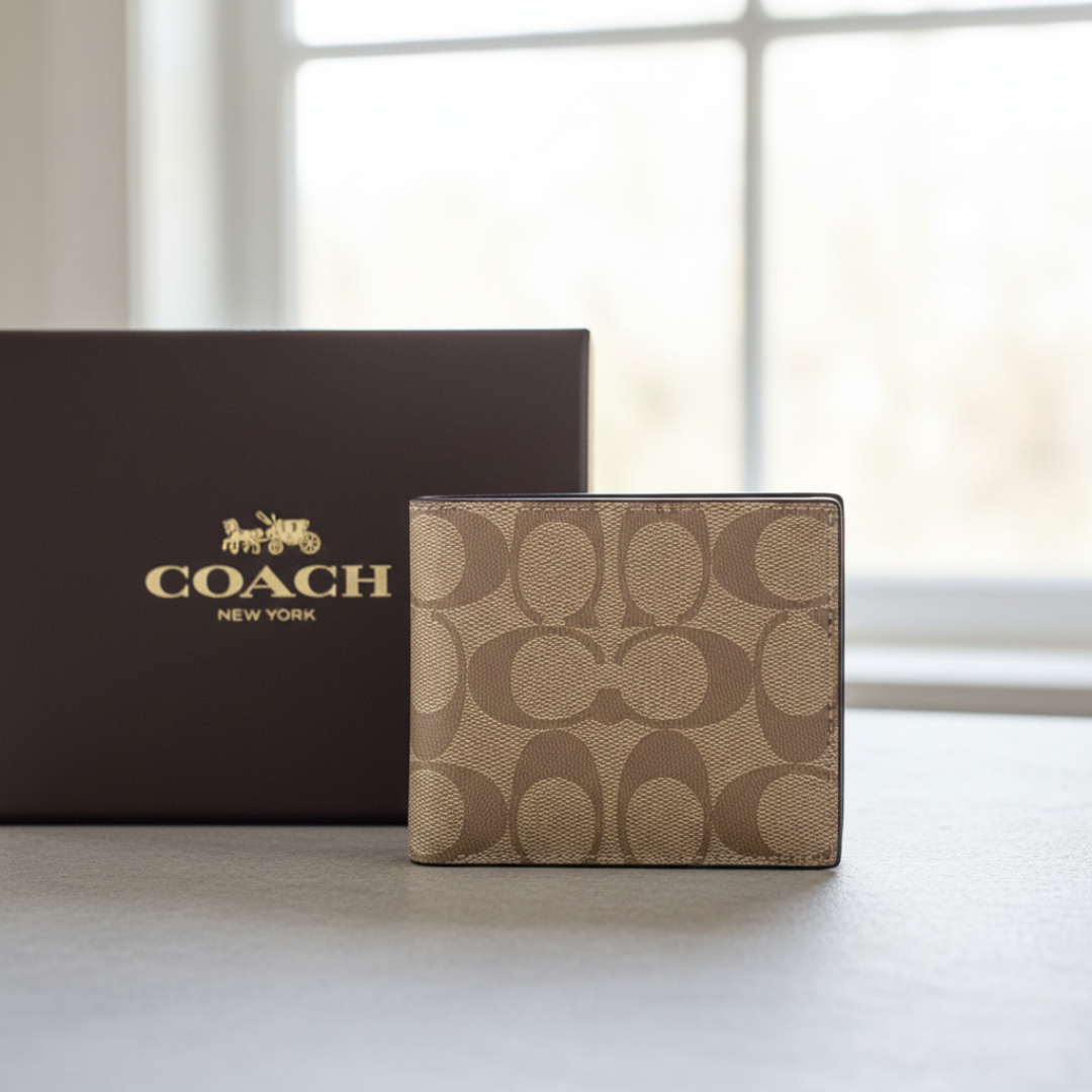 Designer Coach Leather Bifold Men Wallet Brown ( Made in Italy )