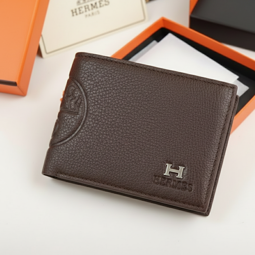 Designer Hermes Leather Bifold Men Wallet Brown ( Made in Italy )