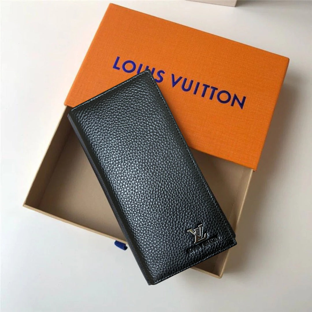 Designer LV Leather Men Long Wallet Textured Black (Made in Italy)