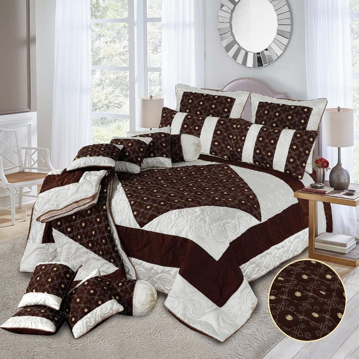 Diamond 14 Pcs Silk Quilted & Embroidered Brown Bedspread Set