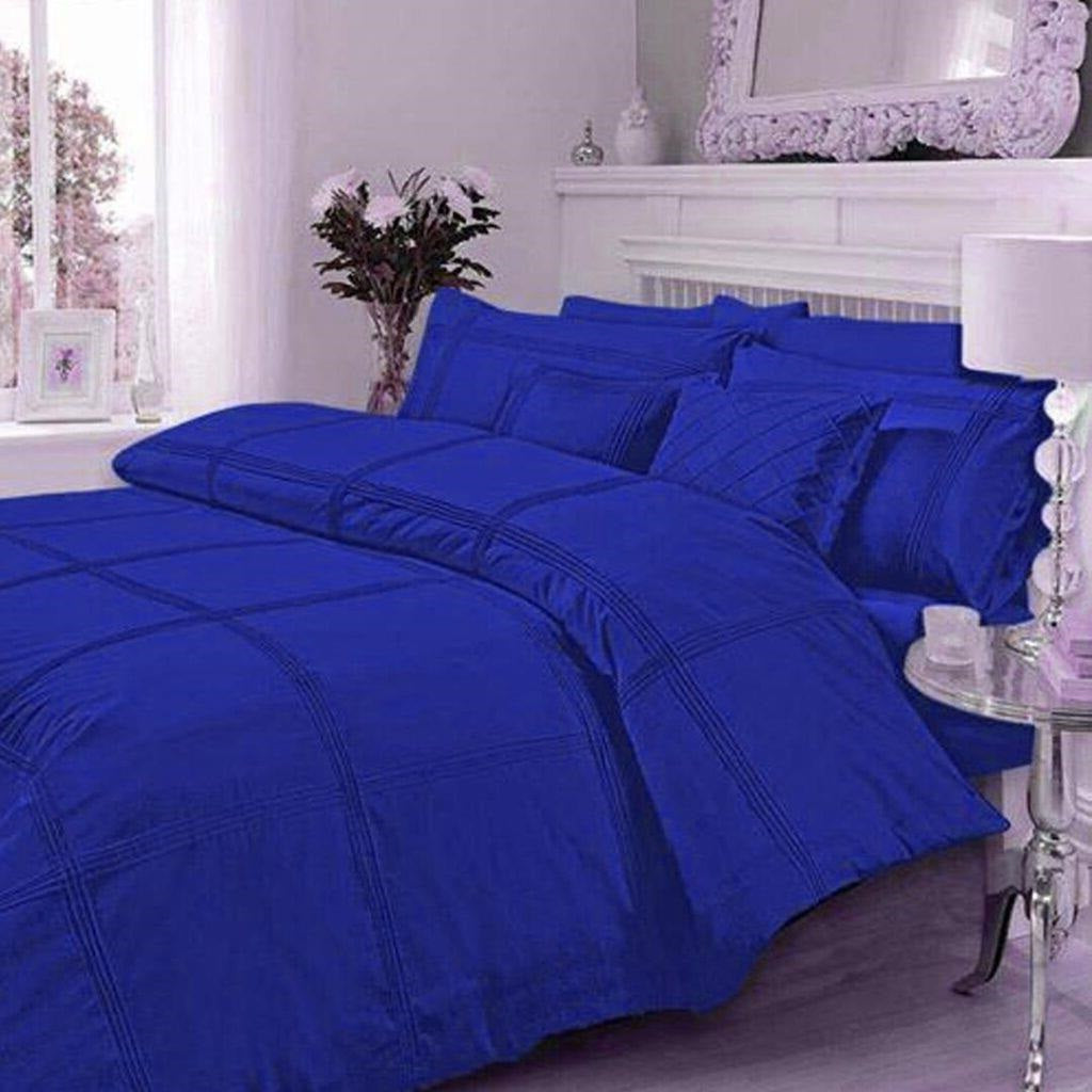 8 Pcs Dyed Pleated Royal Blue Bed Sheet Set With Quilt, Pillow And Cushions Covers