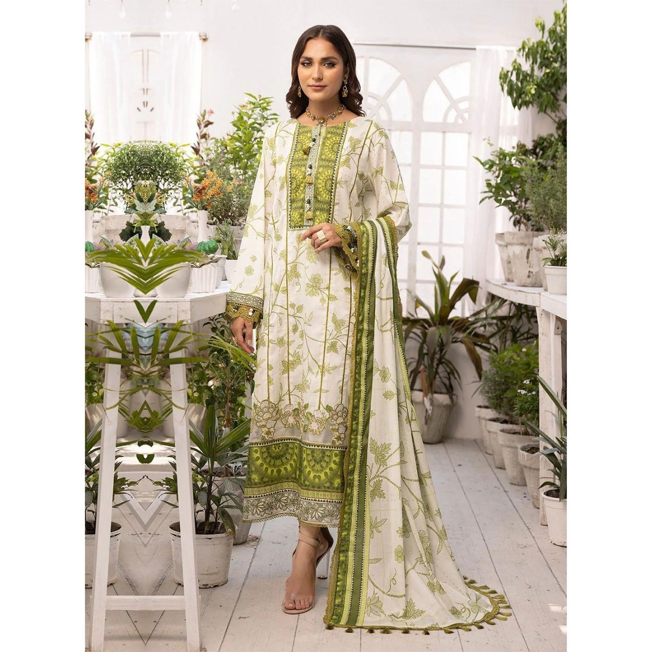 Eira 3 Pcs Embroidered Unstitched Suit Beige