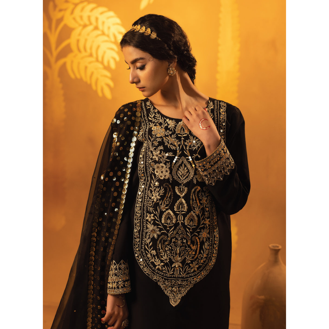 Elke 3 Pcs Stitched  Embroidered Suit Black