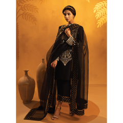 Elke 3 Pcs Stitched  Embroidered Suit Black