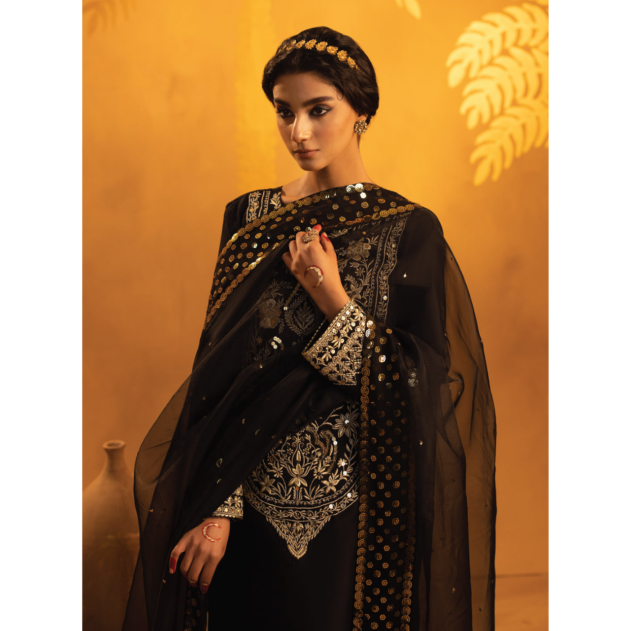 Elke 3 Pcs Stitched  Embroidered Suit Black