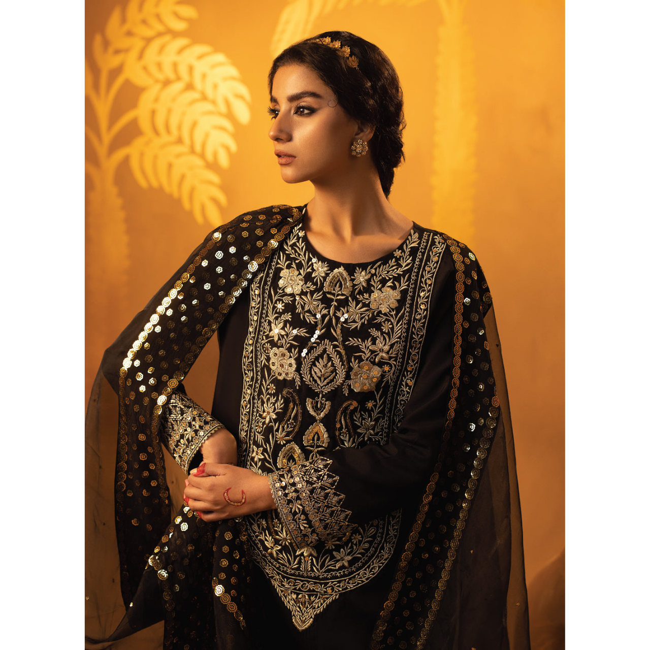 Elke 3 Pcs Stitched  Embroidered Suit Black