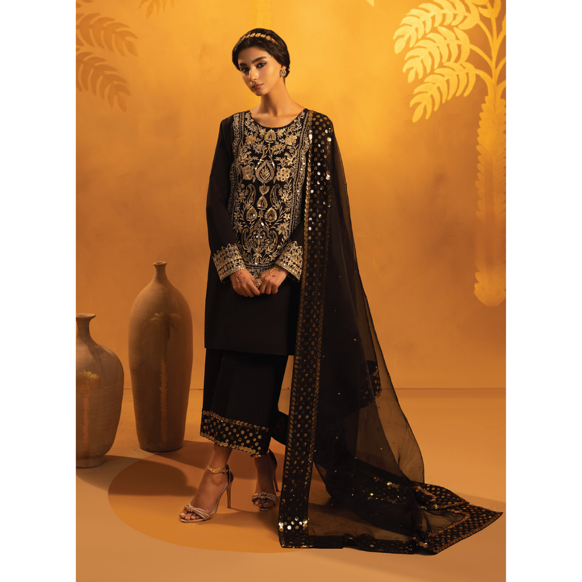 Elke 3 Pcs Stitched  Embroidered Suit Black