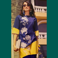 Ethnic 3 Pcs Unstitched Printed Lawn Blue and Yellow