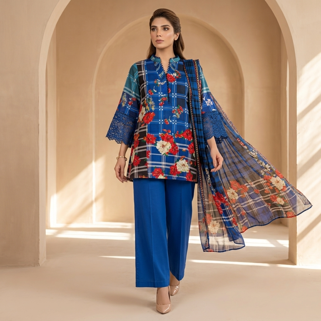 Ethnic 3 Pcs Unstitched Printed Lawn Floral Blue