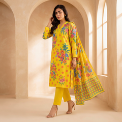 Ethnic 3 Pcs Unstitched Printed Lawn Yellow