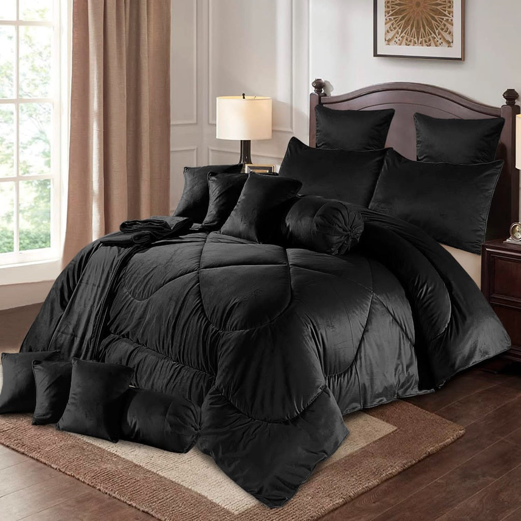 Eutony 14 Pcs Velvet Black Bed Set with Filled Comforter