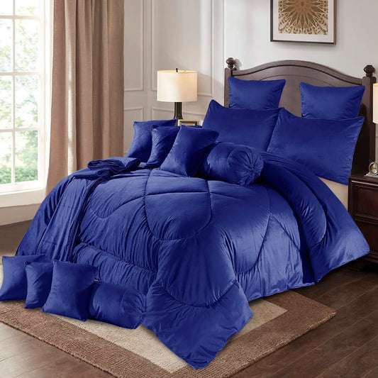 Eutony 14 Pcs Velvet Blue Bed Set with Filled Comforter 1024