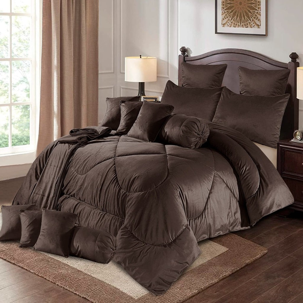 Eutony 14 Pcs Velvet Brown Bed Set with Filled Comforter