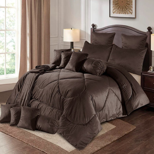 Eutony 14 Pcs Velvet Brown Bed Set with Filled Comforter 1024