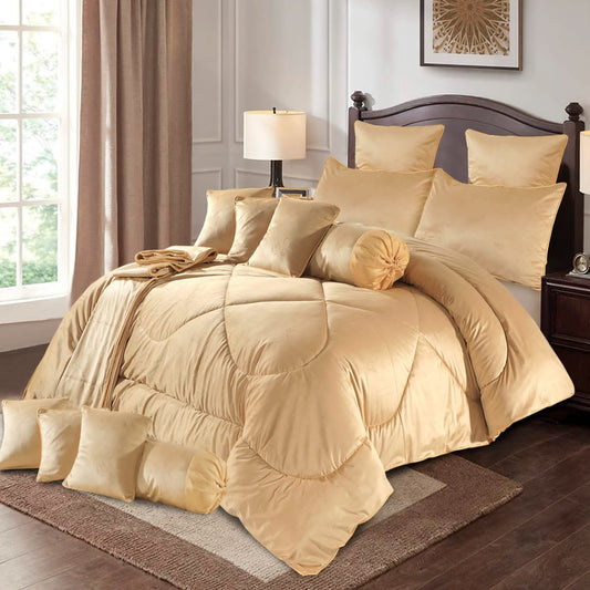 Eutony 14 Pcs Velvet Light Golden Bed Set with Filled Comforter 1024