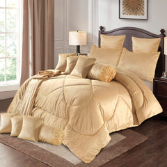 Eutony 14 Pcs Velvet Light Golden Bed Set with Filled Comforter