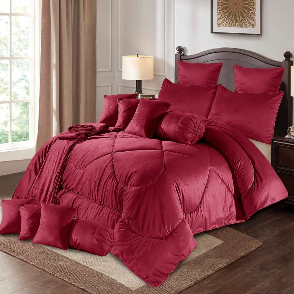 Eutony 14 Pcs Velvet Maroon Bed Set with Filled Comforter