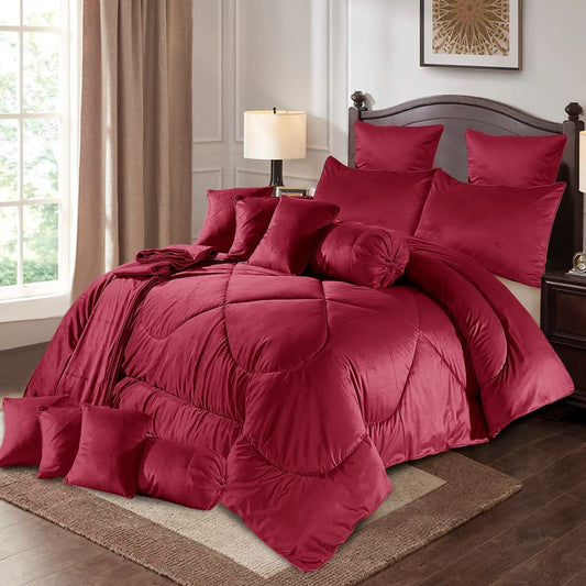 Eutony 14 Pcs Velvet Maroon Bed Set with Filled Comforter 1024