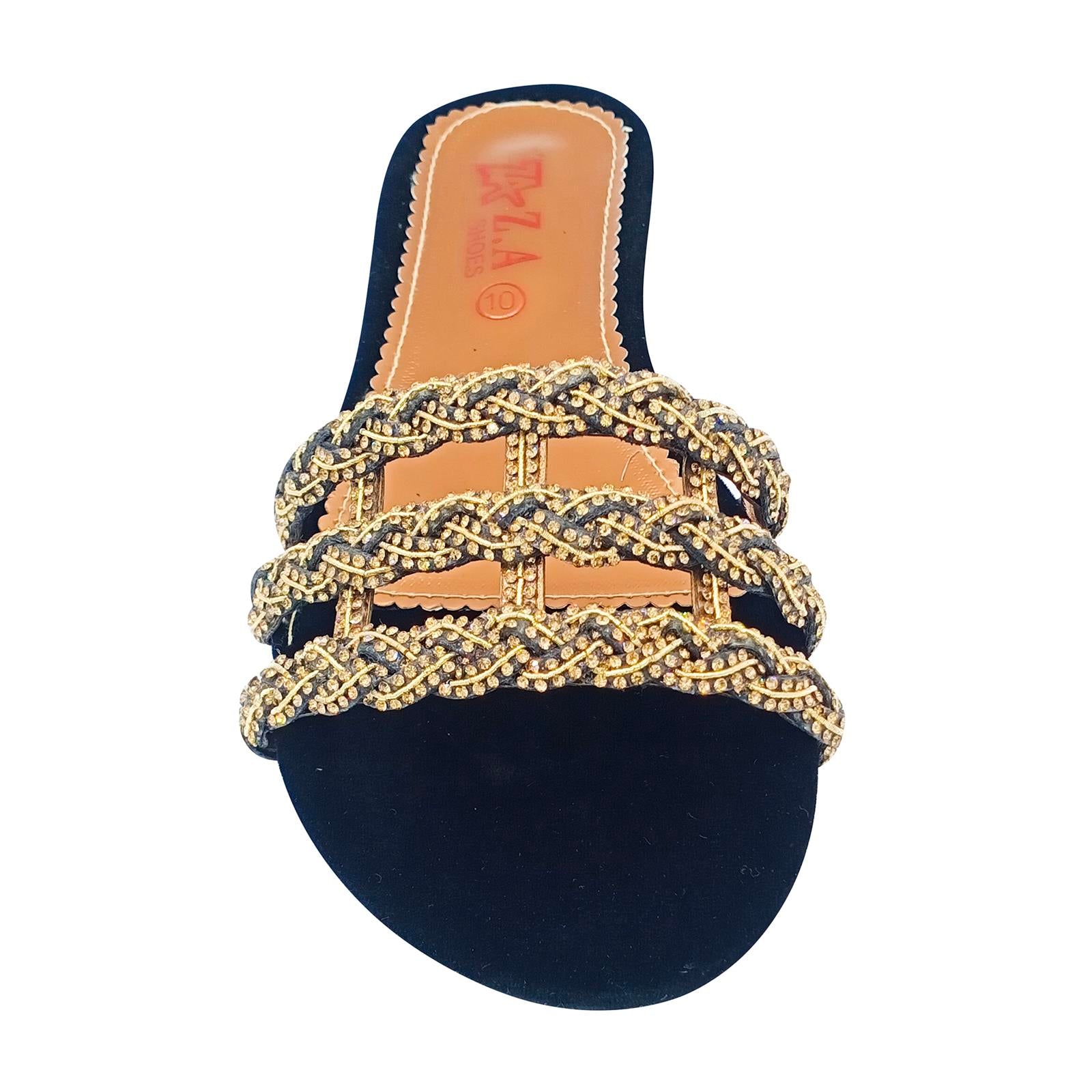 Fancy Flat Ladies Slippers Golden And Black