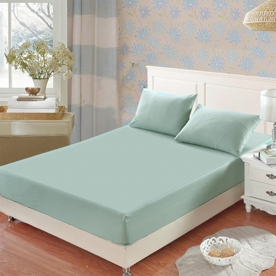 3 Pcs Fitted Sheet king Size With 2 Pillow Sea Green