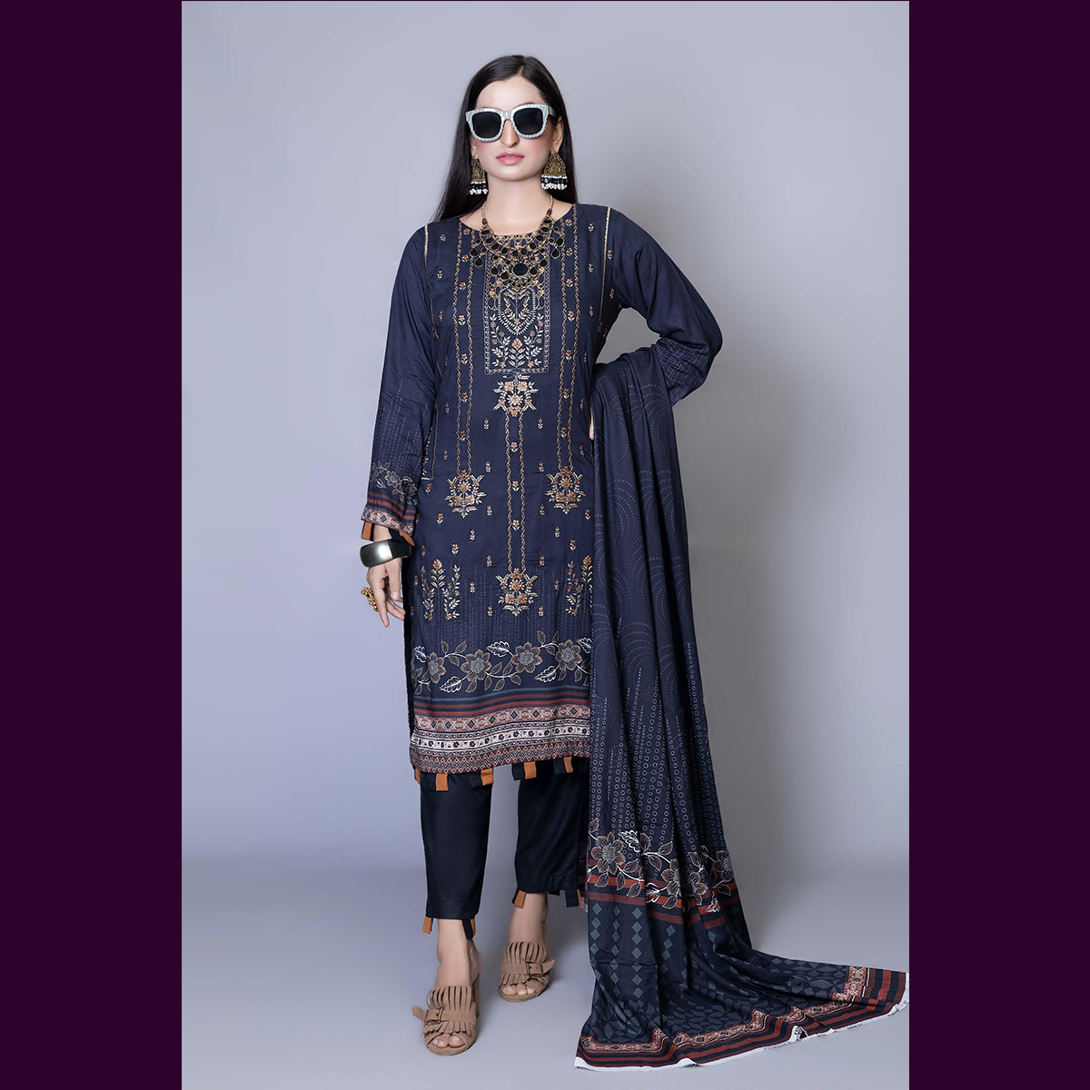 Florence 3 Pcs Unstitched Staple Embroidered Suit Navy Blue