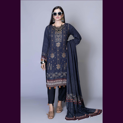 Florence 3 Pcs Unstitched Staple Embroidered Suit Navy Blue