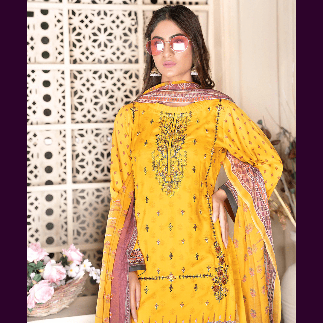 Florence 3 Pcs Unstitched Staple Embroidered Suit Yellow