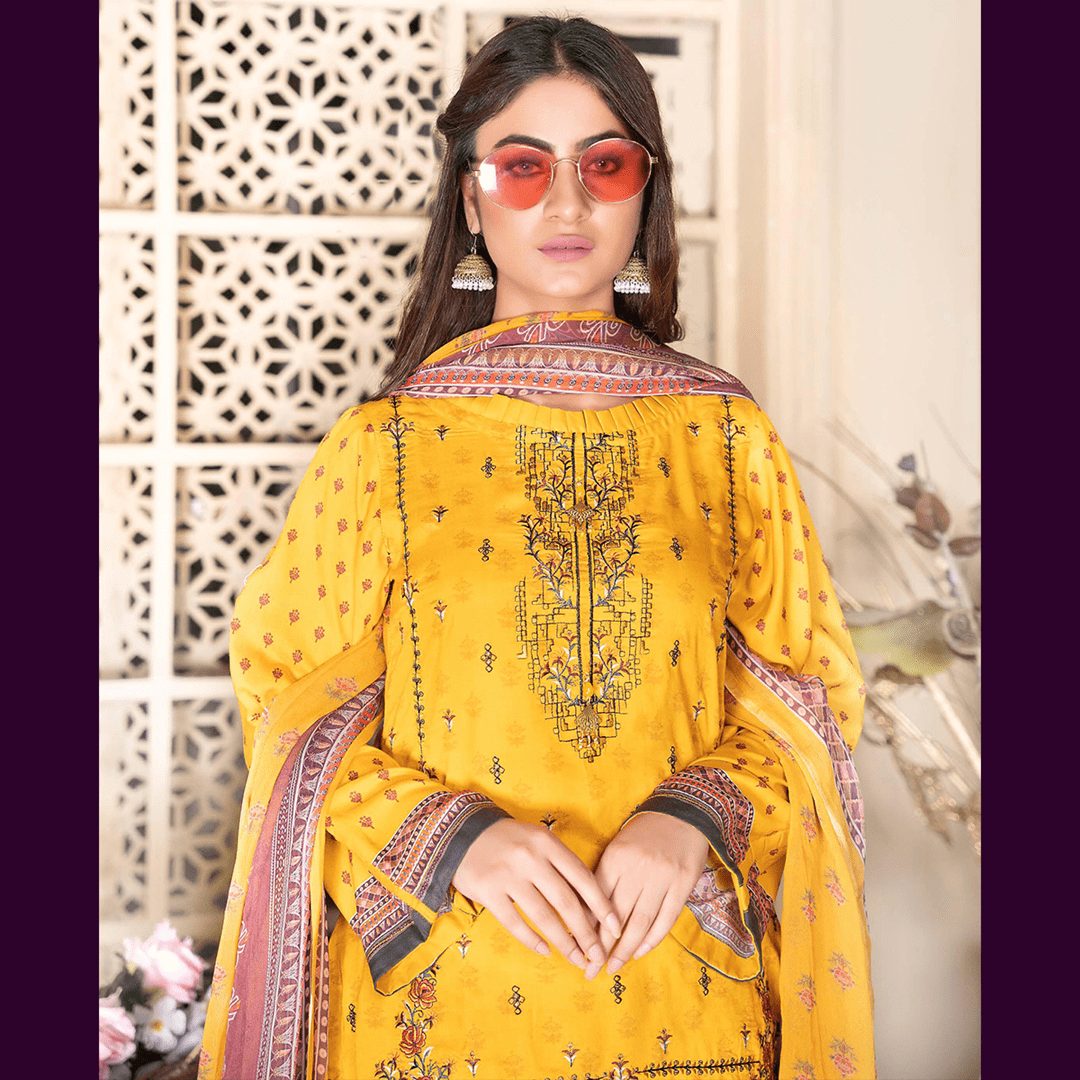 Florence 3 Pcs Unstitched Staple Embroidered Suit Yellow