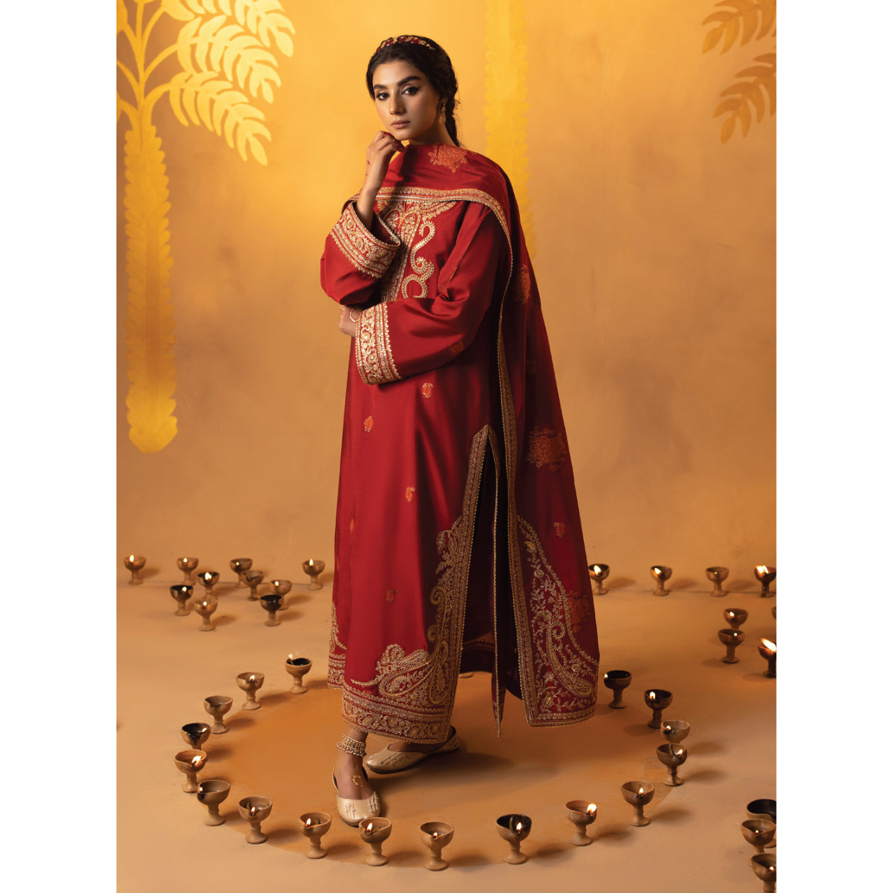 Gina 3 Pcs Stitched Embroidered Suit Maroon