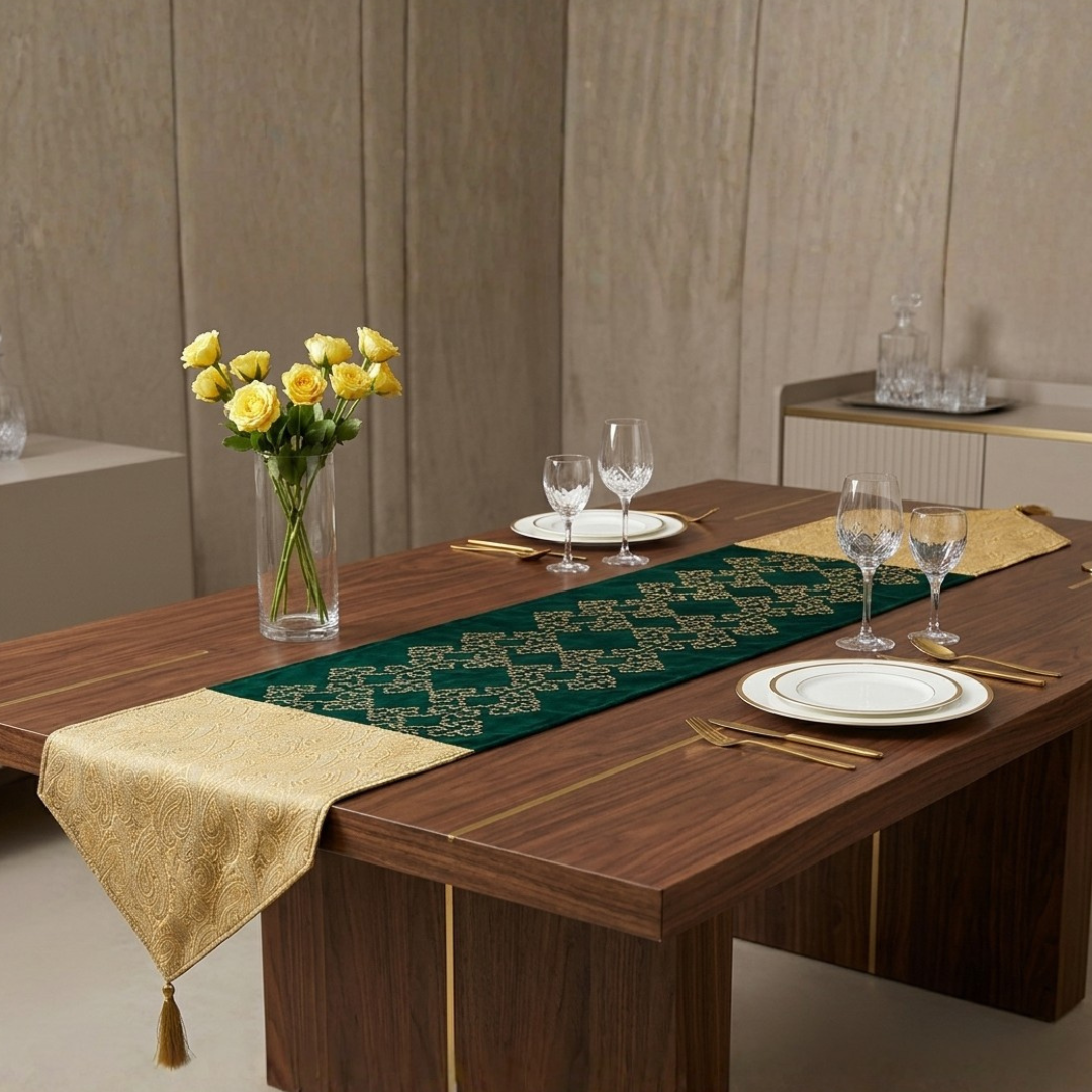 Gold Green 1 Pcs Embroidered Table Runner