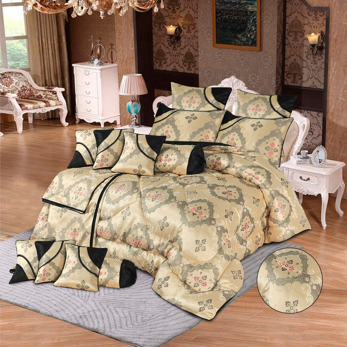 Jameson 14 Pcs Palachi Golden Black Bedding Set with Filled Comforter