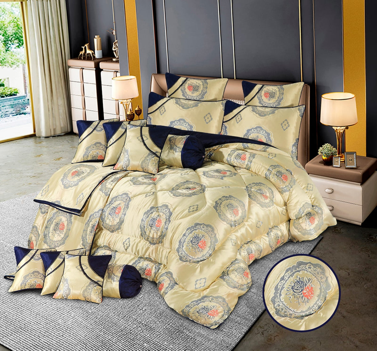 Jameson 14 Pcs Palachi Golden Blue Bedding Set with Filled Comforter