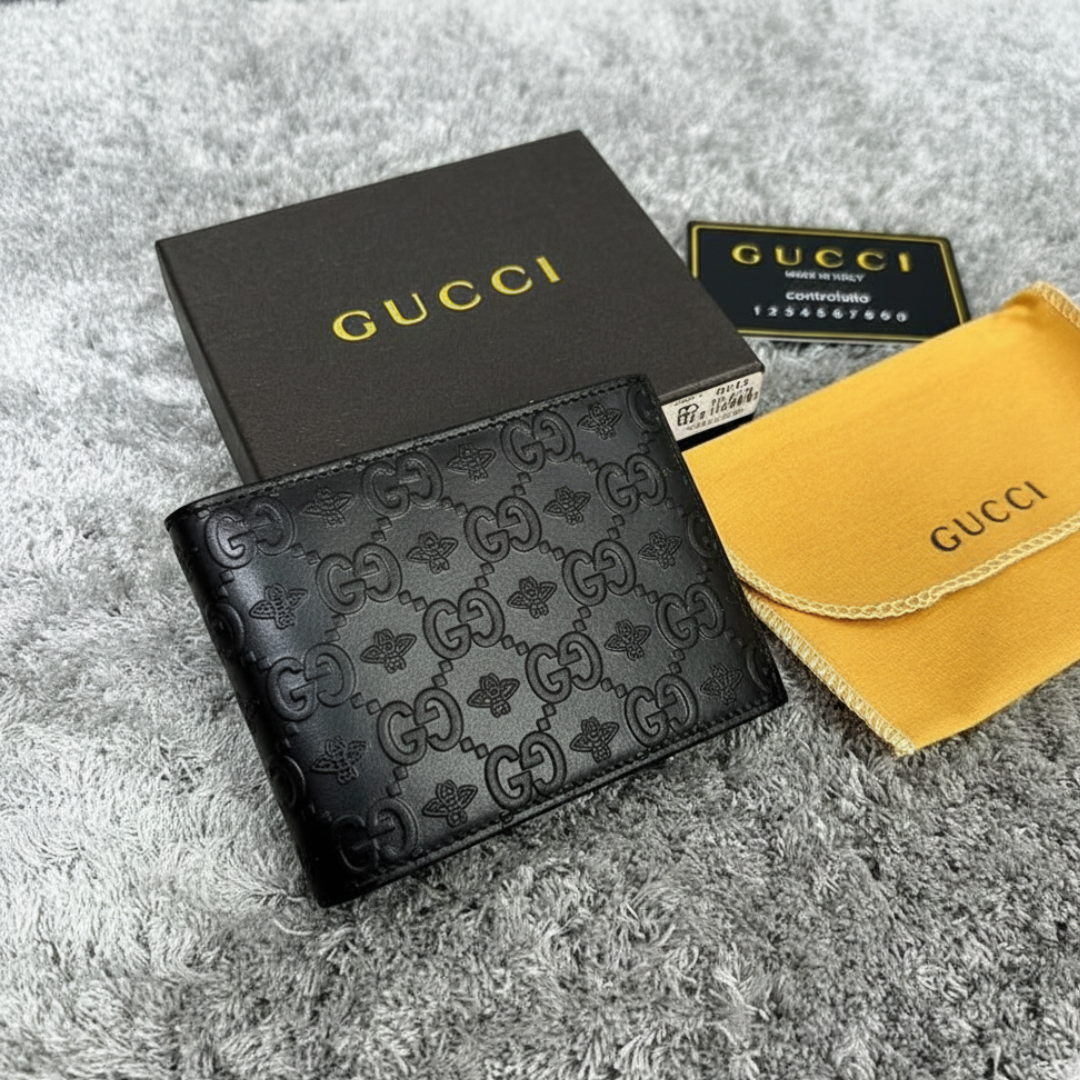 Gucci Leather Bifold Men Wallet Black Textured ( Made In Italy )