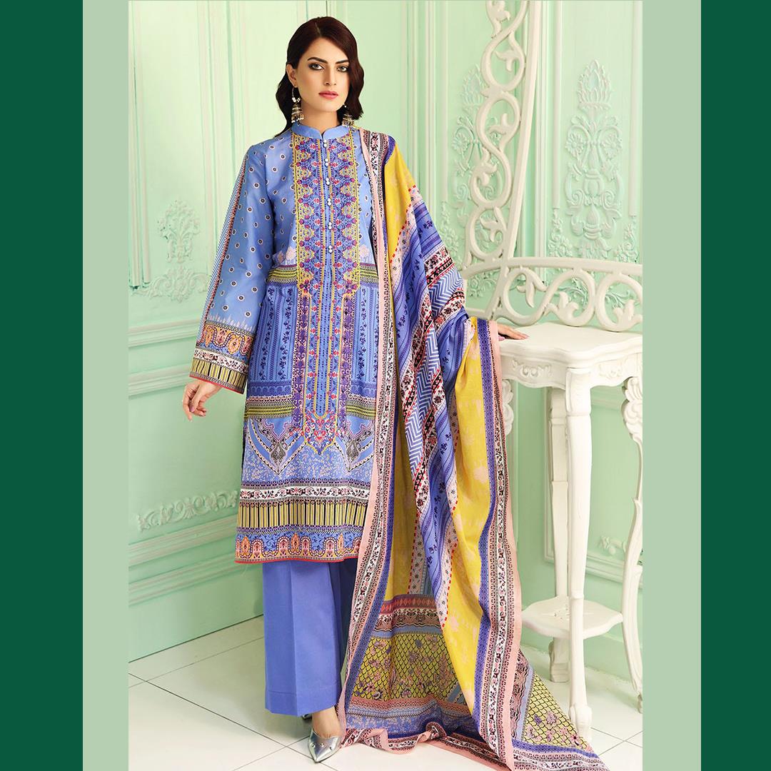 Gul Ahmed 3 Pcs Unstitched Digital Printed Embroidered Lawn Suit Blue