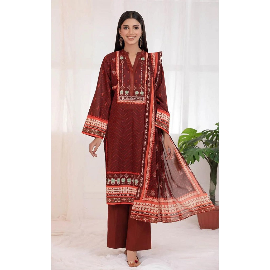 Gul Ahmed 3 Pcs Unstitched Lawn Suit Maroon