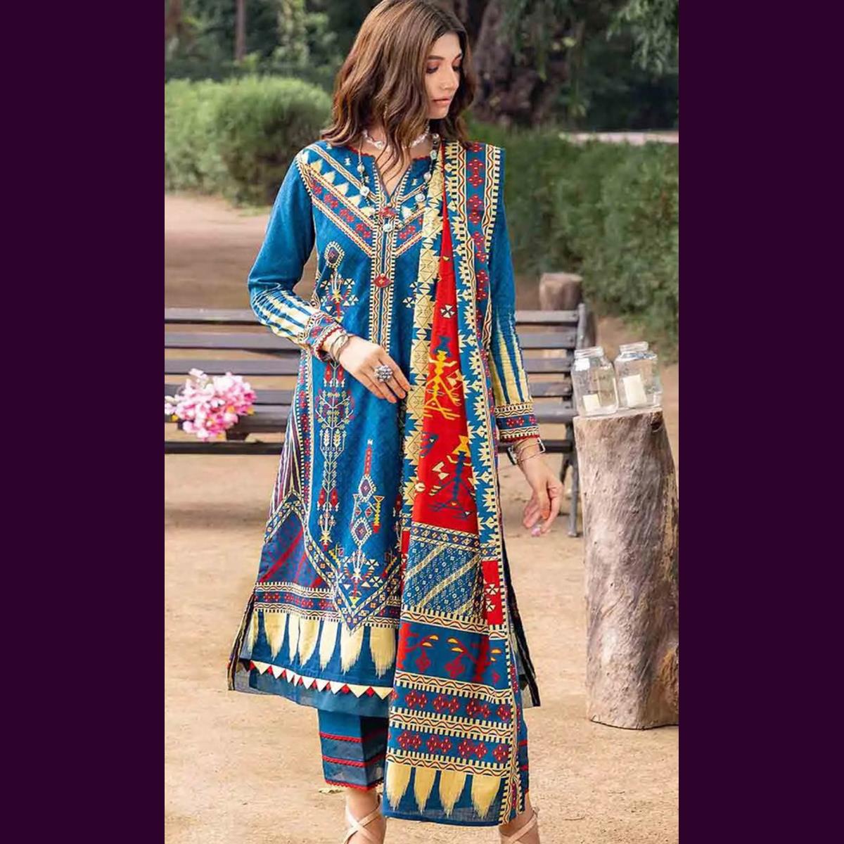 Gul Ahmed 3 Pcs Unstitched Printed Khaddar Suit Azure Blue