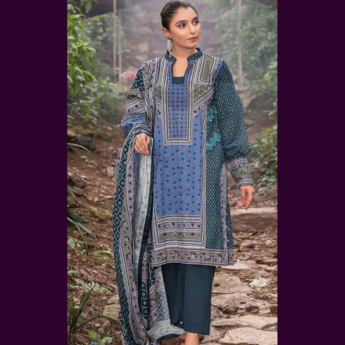 Gul Ahmed 3 Pcs Unstitched Printed Khaddar Suit Blue Green